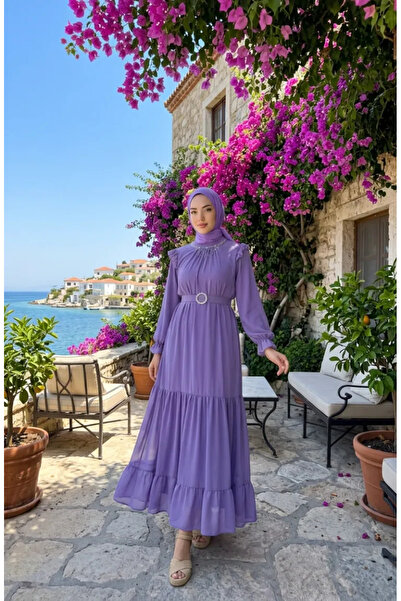 sefamerve Φόρεμα σιφόν με λεπτομέρειες από χάντρες 50014-03 Λιλά