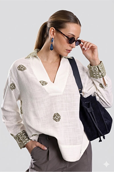 Suziş Linen Textured Ethnic Patterned Blouse 4S375