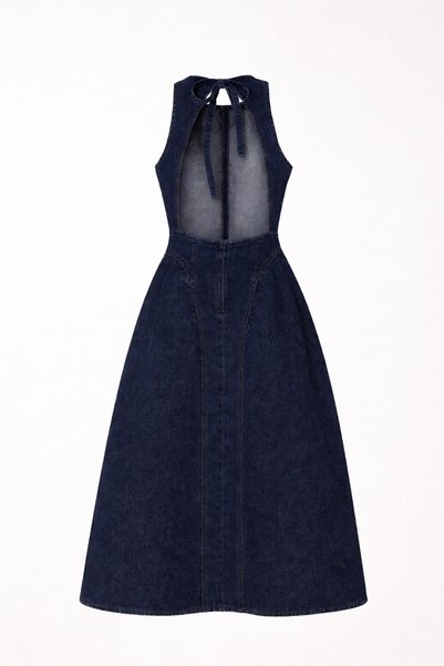 Perryes Kadın Vintage Açık Sırt Bel Oturtmalı Jean Elbise Lacivert