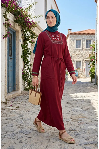 sefamerve Σιλέ Φόρεμα με Μακριά Μανίκια 6550-03 Βουργουνδίας