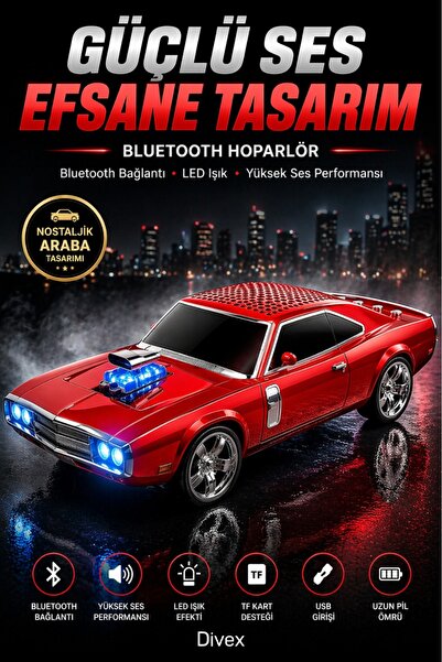 Divex Nostaljik Klasik Araba Tasarımlı Bluetooth Hoparlör Şarjlı LED Işıklı K...
