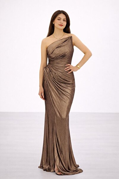 centilmen FOR COSTUME Bronz Metalik Görünümlü Tek Omuz Drapeli Abiye 10370