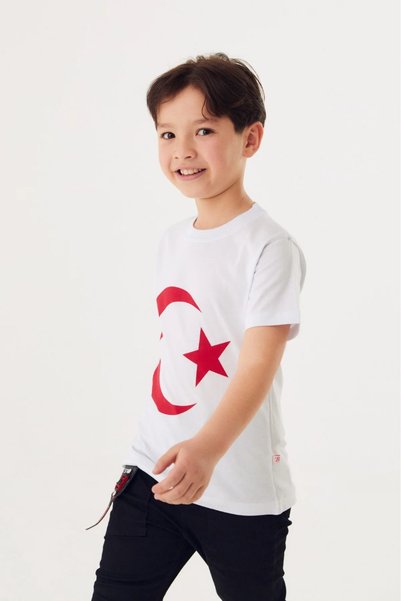 Kyex Kids Girls-Boys Moon Star Printed Turkish Flag Themed White Cotton T-Shirt