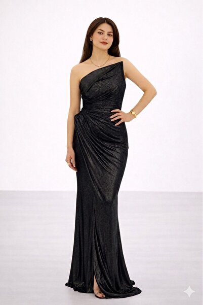 centilmen FOR COSTUME Bronz Metalik Görünümlü Tek Omuz Drapeli Abiye 10370
