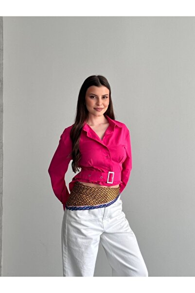 moda çağdaş Γυναικείο πουκάμισο με λεπτομέρεια με ζώνη στο μπροστινό μέρος, μ...