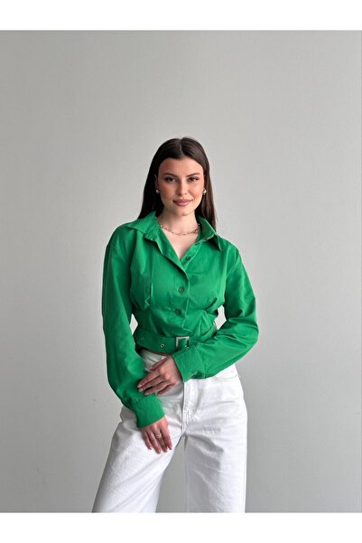 moda çağdaş Γυναικείο πουκάμισο με λεπτομέρεια με ζώνη στο μπροστινό μέρος, μ...