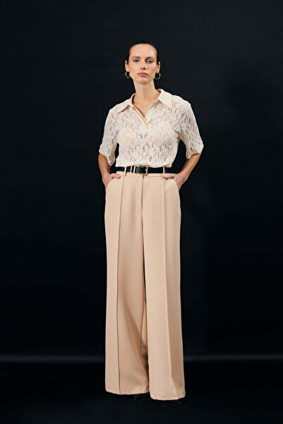 Sateen Παντελόνι με λεπτομέρεια στη ζώνη - Μπεζ