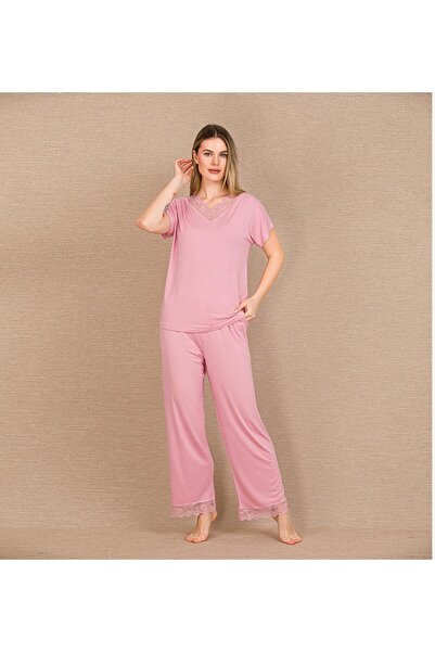 Lady Lingerie Σετ γυναικείας πιτζάμας με κοντομάνικο δαντελένιο γιακά σε ροζ ...