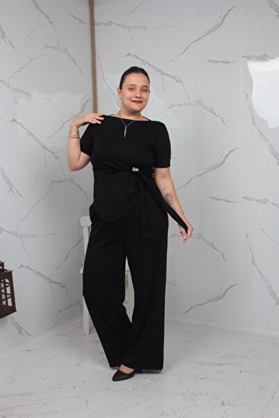 Truva XXL Toka Detaylı Siyah Bluz Pantolon Takımı Likralı Bol Paça