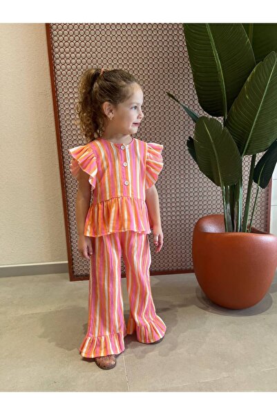 Leni Kids %100 Pamuk Müslin Pembe Turuncu Çizgili Kız Takım