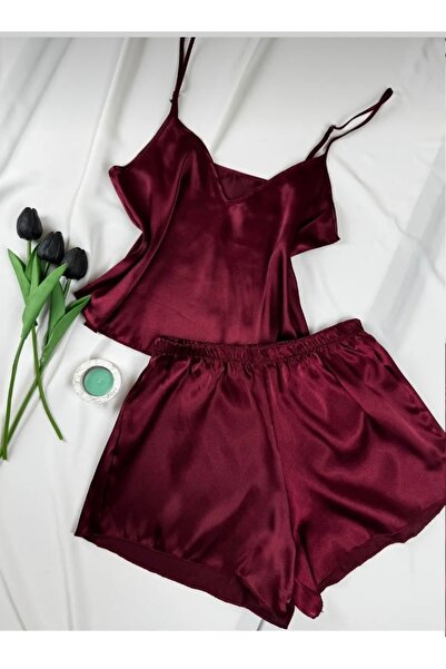 Desire Lingerie طقم بيجامة نسائي من الساتان باللون العنابي مع شورت وحزام حبل،...