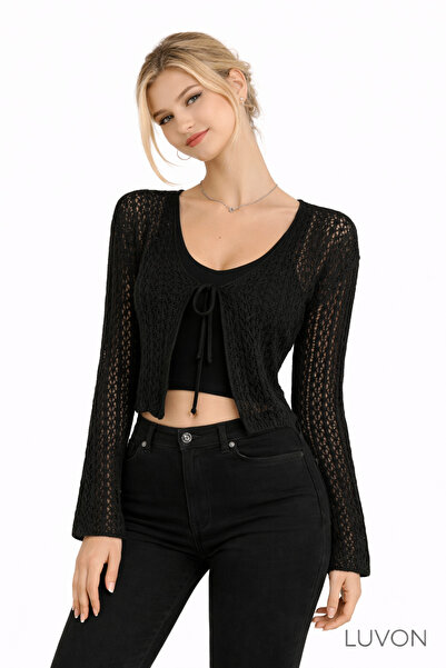 LUVON Μαύρο δαντελωτή πλέξη Με δέσιμο Βαμβάκι Γυναικεία ζακέτα Κοντό
