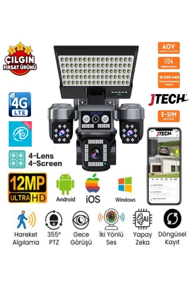 jtech O-KAM OK-334 PREMiUM 4G 12MP 4G Sim Kartlı Solar Panelli Projektör Lamb...