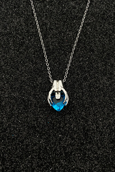 Hiza Ocean Blue Crystal Heart Pendant with Hand Figured Steel Chain