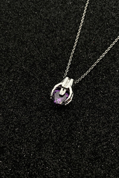 Hiza Amethyst Color Heart Holding Hand Pendant, Steel Chain Glass Stone Pendant