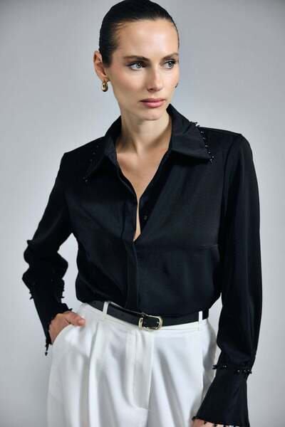 Sateen Κεντημένο Πουκάμισο - Μαύρο