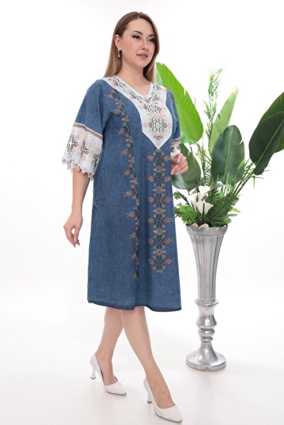 JERFİ Women's Ethnic Detailed Stone Printed Large Denim Mini Dress