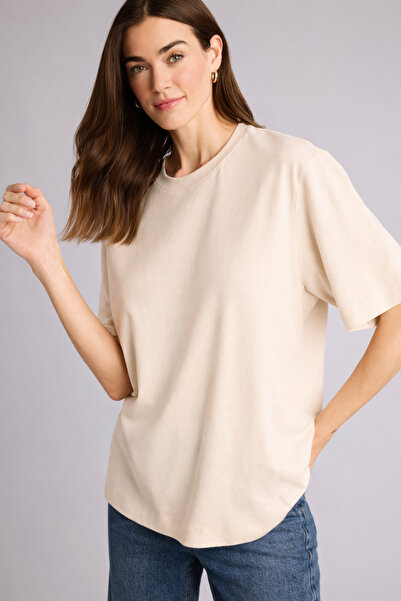 WE&ME Γυναικείο μπλουζάκι σε μπεζ χρώμα, oversized, βασικό – Μπλουζάκι με μαλ...