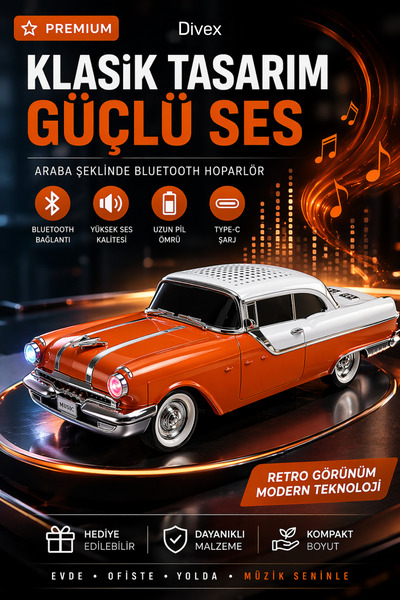 Divex Retro Araba Tasarımlı Bluetooth Hoparlör – LED Işıklı, Güçlü Ses, Şarjl...