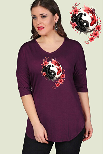 Curvy Trend Μπλούζα μεγάλου μεγέθους Ying Yang Koi Sakura με στάμπα και μισό ...