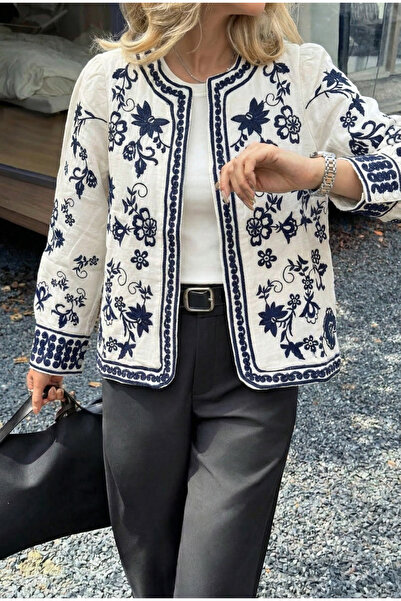 FEMELLE Γυναικείο λινό μπουφάν σε σκούρο μπλε με κεντημένη επένδυση