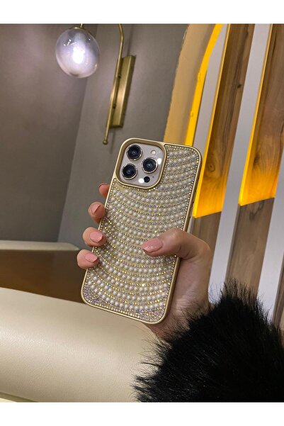 WFC iPhone 13 Uyumlu İnci Taş İşlemeli Işıltılı Telefon Kılıfı