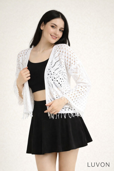 LUVON White Tassel Detailed Lace-Like Knit Spanish Sleeve m Transitional Wome...
