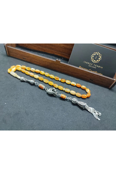 İskeçe Tesbih Ξύλινο Κουτί 6.75 Γρ. Ασημένια Φούντα Απολιθωμένη από τη Γη 9 Γ...