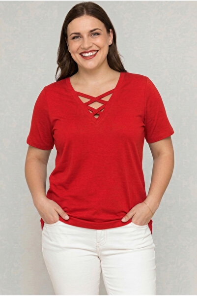 Curvy Trend Plus Size V-Neck Cross-Banded Short Sleeve Blouse