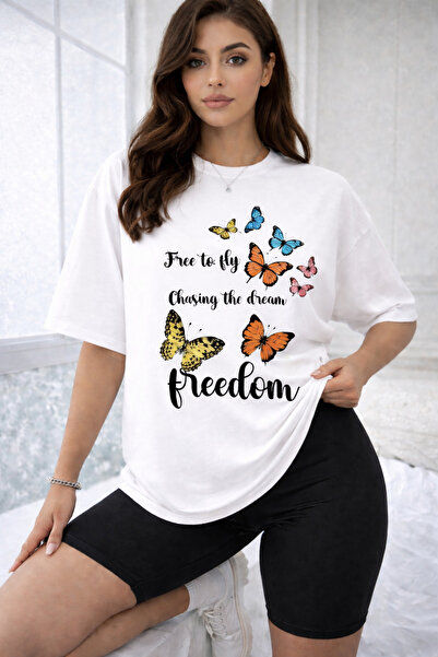 SANTAMİLA Set cu tricou alb cu imprimeu fluturi și colanți negri Free To Fly