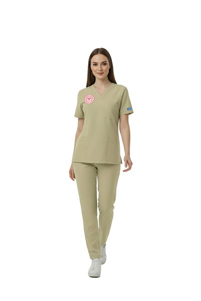 Pozitif Üniforma Beige Technician Technician Medical Secretary Uniform Positive Lycra Scrubs Set (Compliant with New Regulations)