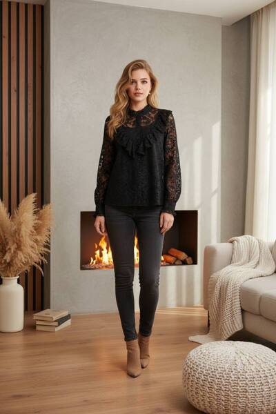 Modaise Erva Folok Printed Ruffled Lace Design Shirt