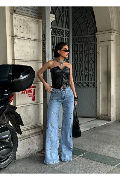 D'RECCY Women's Eyelet Detail Wide Leg High Waist Denim Design Jeans