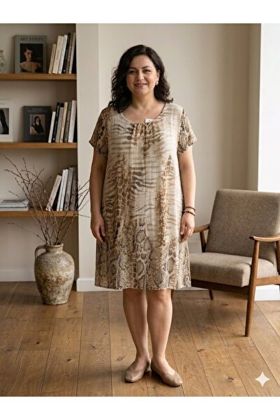 AYASOFYA OTANTIK Women's Italian Beige Round Neck Snakeskin Pattern Lined Sho...