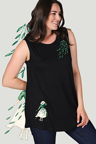 Curvy Trend Μπλούζα μεγάλου μεγέθους για κορίτσια με στάμπα φύλλων και αμάνικ...