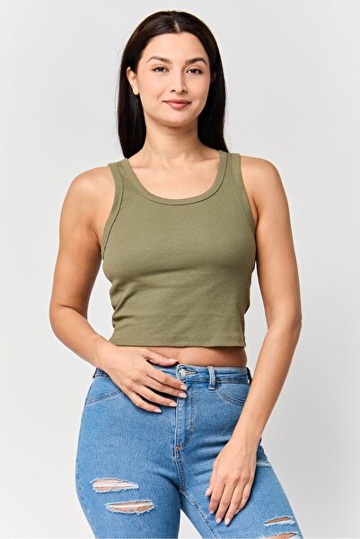 Don't Call Me Jennyfer Women Round Neck Ribbed Sleeveless Crop Top, Olive