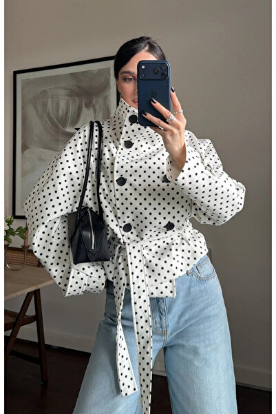 My Blog Λευκή Καμπαρντίνα με Όρθιο Γιακά και Πουά - 503357