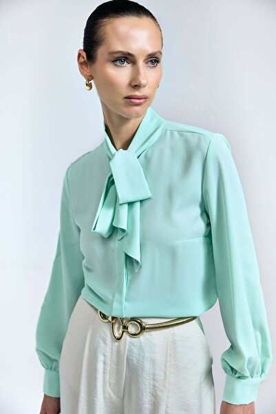 Sateen Πουκάμισο με δεμένο γιακά - Χρώμα Μέντα