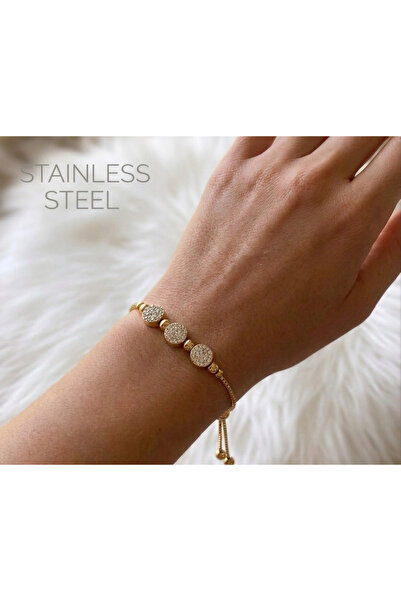 stainless steell gold renk zirkon taşlı üçlü macun model ayarlanabilir bileklik