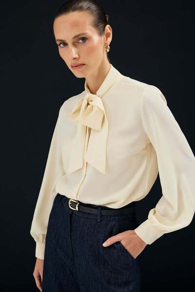 Sateen Πουκάμισο με δεμένο γιακά - Κίτρινο