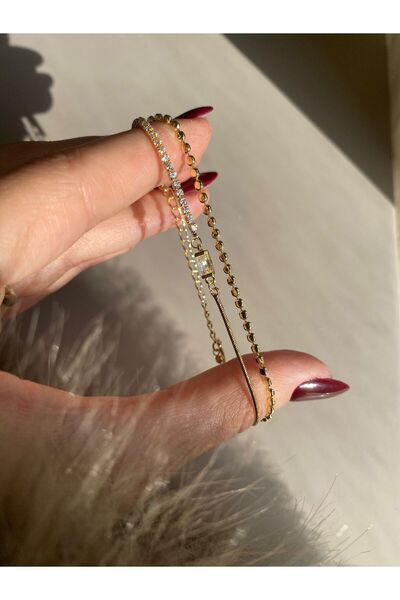Niceboutique سوار ميا ستيل ذهبي بصفين مرصع بالأحجار