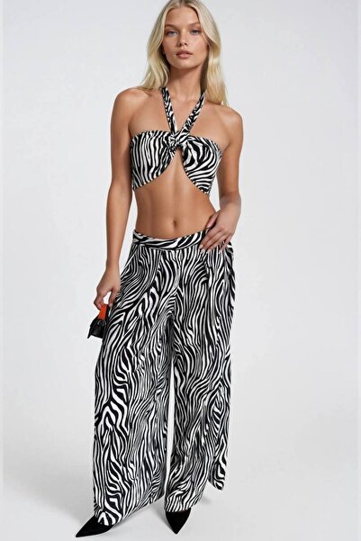Zenistra Women Zebra Pattern Crop Blouse Pants 2 Piece Bottom Top Set