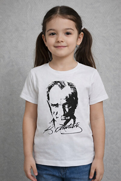 Umay moda 59 Ataturk Portrait Printed Unisex Kids T-Shirt – White