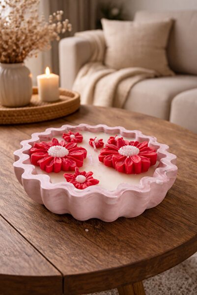 Dekoratif Çiçekli Kase Mum | % 100 Soya Wax El Yapımı Tasarım | Kase Çap : (15cm)