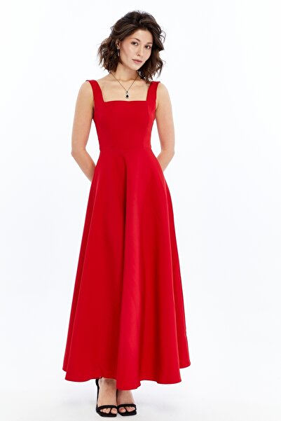 l o v m i Women's Red Thick Strap Square Neck Long Dress with Bow Detail