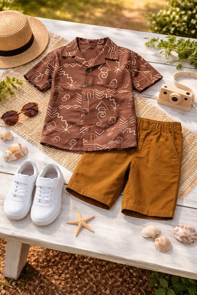 Yalçınoğlu Kids Summer Boy's Linen Shirt and Shorts Combination 5-8 Years Old I Summer Comfortable Patterned Set