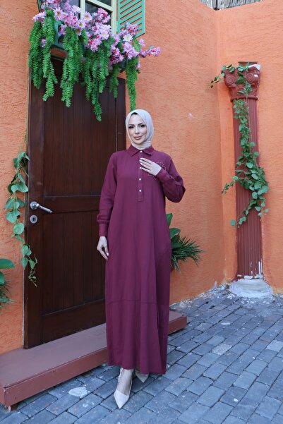 MODAMÜNASİP Υπέροχο λινό φόρεμα με διπλές τσέπες, λεπτομέρεια κεντήματος λουλ...