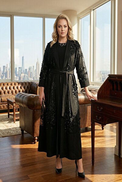 Rain and River Embossed Floral Detailed Plus Size Abaya