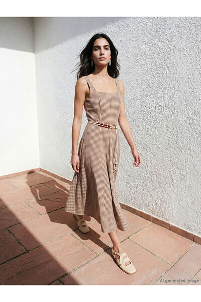 LC Waikiki NEVAVM με διαφορά από το LCW Vision καφέ τετράγωνο γιακά καρό φόρε...