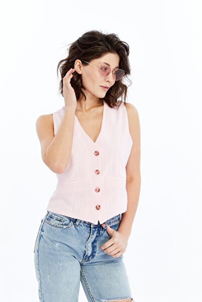 l o v m i Women's Pink V-Cut Vest with Button and Pocket Detail